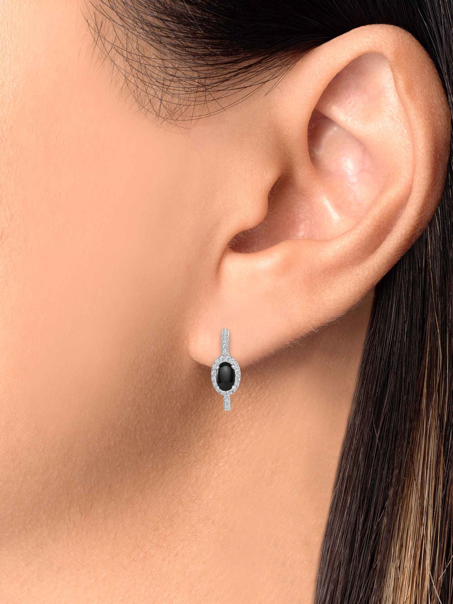 Silver 925 Rhodium Plated Cubic Zirconia Hoop Half Onyx. BE10320ONYX