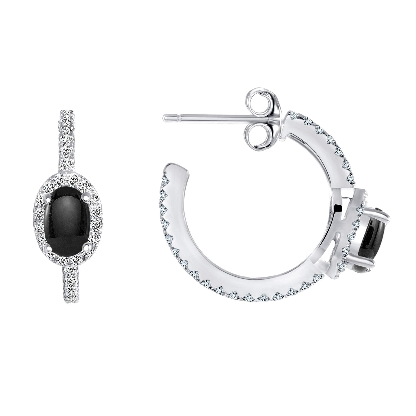 Silver 925 Rhodium Plated Cubic Zirconia Hoop Half Onyx. BE10320ONYX