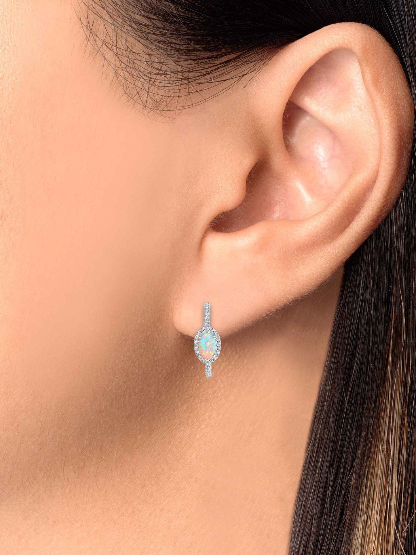 Silver 925 Rhodium Plated Half Cubic Zirconia Hoop and Opal Earrings. BE10320OPAL