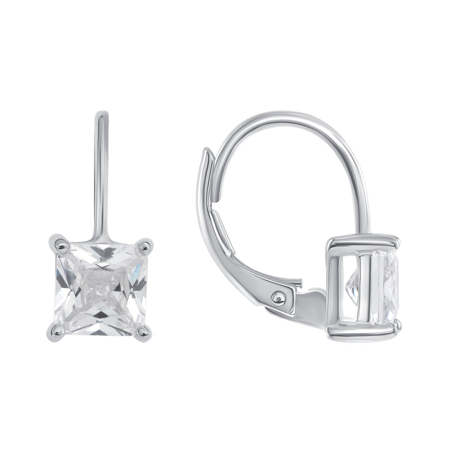 Silver 925 Rhodium Plated Square Solitaire Cubic Zirconia Hoop Earrings. BE10677