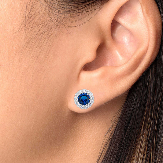 Silver 925 Rhodium Plated Blue Cubic Zirconia Round Stud Earring. BE10708BLU