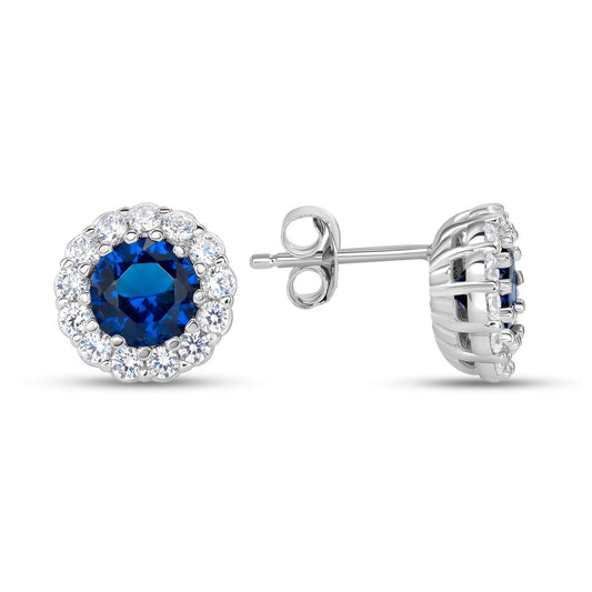 Silver 925 Rhodium Plated Blue Cubic Zirconia Round Stud Earring. BE10708BLU