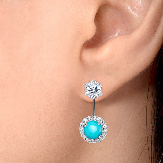 Silver 925 Rhodium Plated Double Stud Turquoise and Cubic Zirconia Earring. BE9372TQ