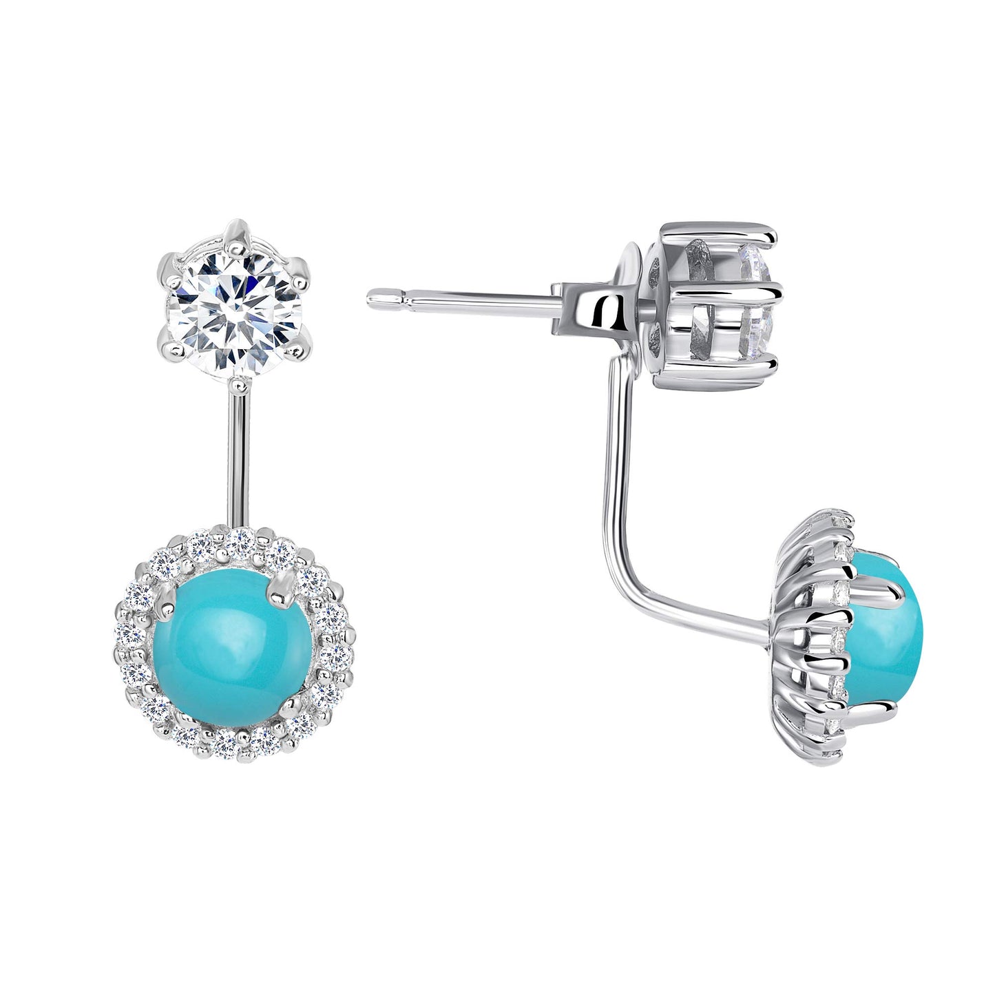 Silver 925 Rhodium Plated Double Stud Turquoise and Cubic Zirconia Earring. BE9372TQ
