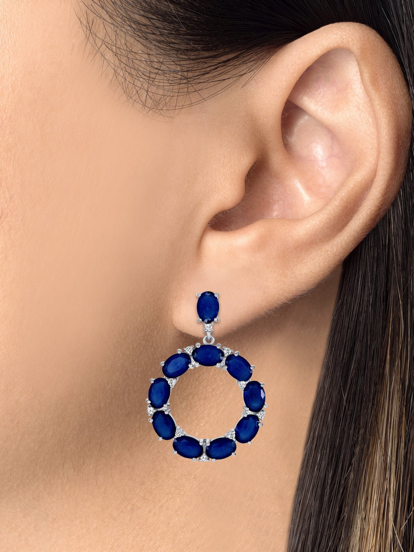 Silver 925 Rhodium Plated Round Multi Sapphire and Cubic Zirconia. BE9559BLU