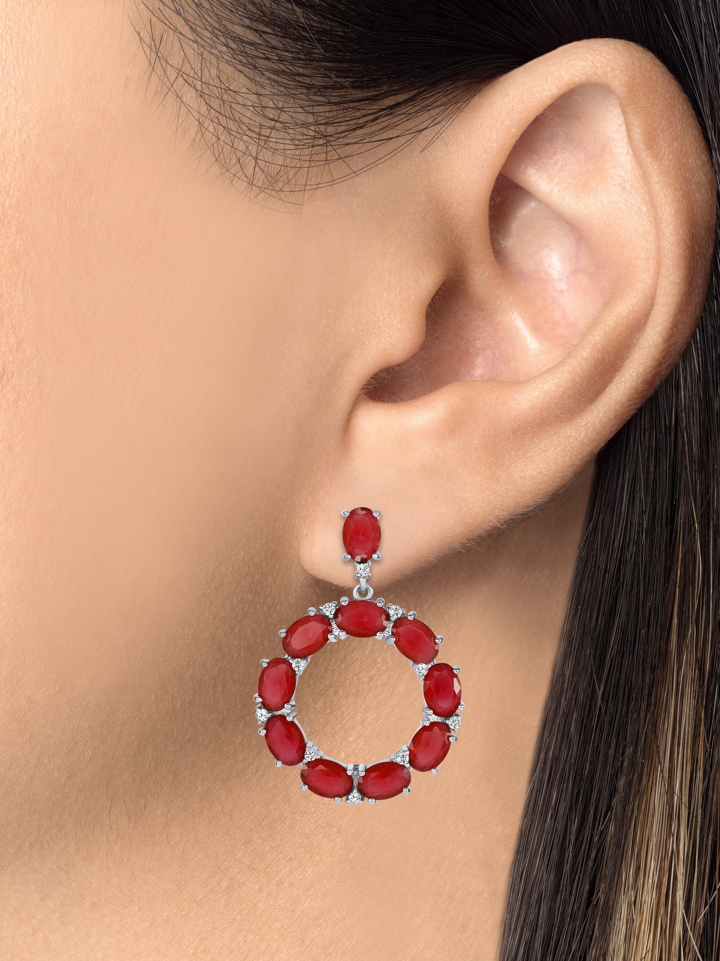 Silver 925 Rhodium Plated Round Multi Garnet and Cubic Zirconia. BE9559RED
