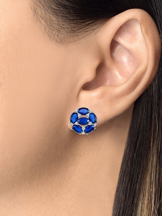 Silver 925 Rhodium Plated Fancy Flower Blue Cubic Zirconia Earring. BE9931BLU