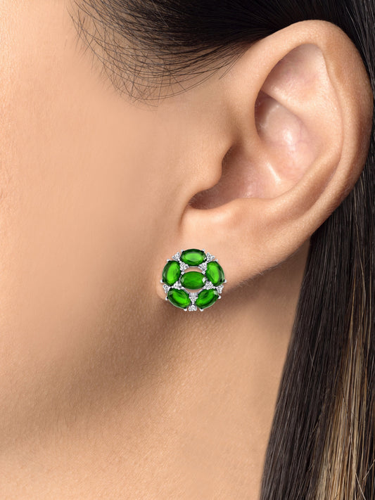 Silver 925 Rhodium Plated Fancy Flower Green Cubic Zirconia Earring. BE9931GRN