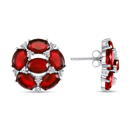Silver 925 Rhodium Plated Fancy Flower Red Cubic Zirconia Earring. BE9931RED