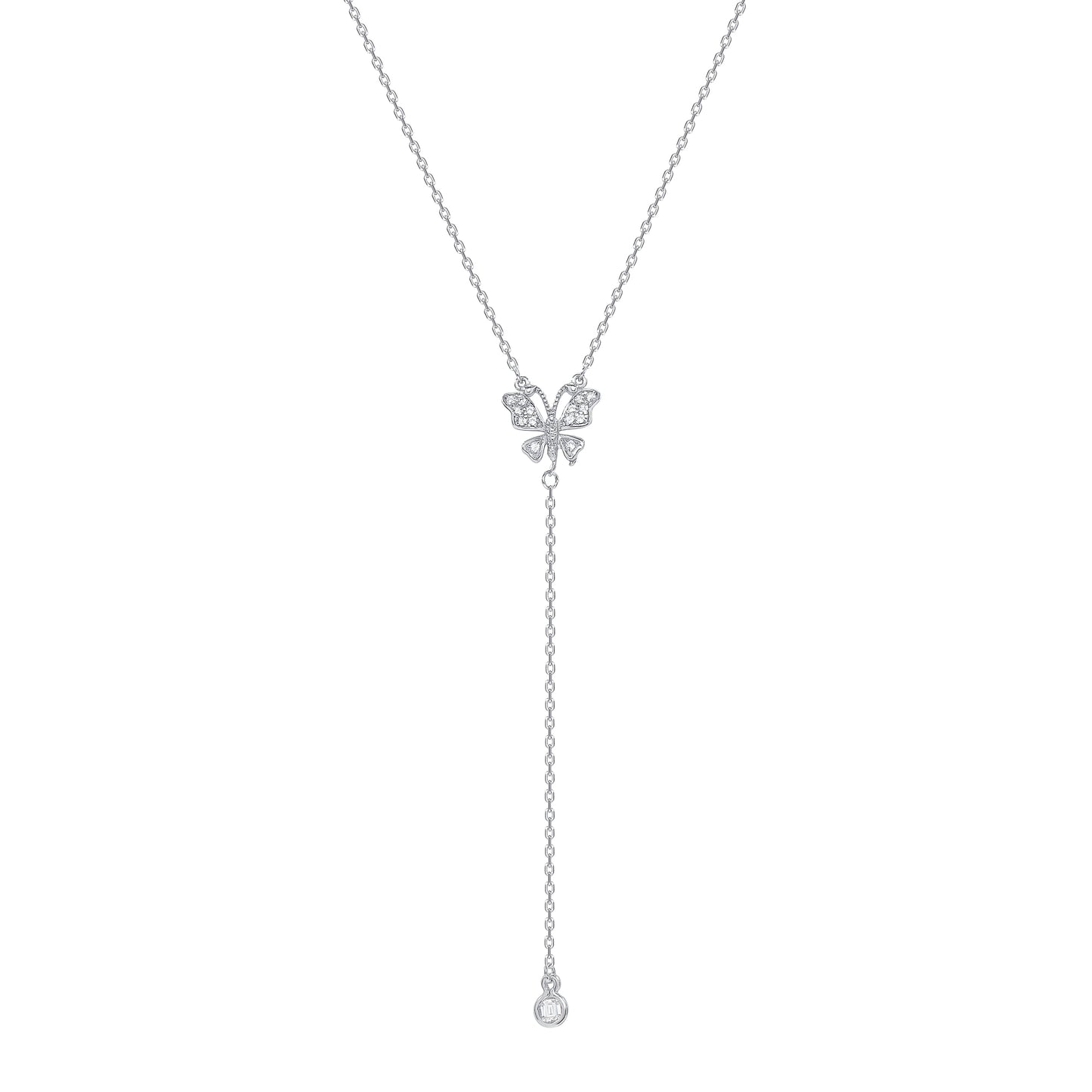 Silver 925 Rhodium Plated Cubic Zirconia Butterfly w/ Round Cubic Zirconia Necklace. BN3418