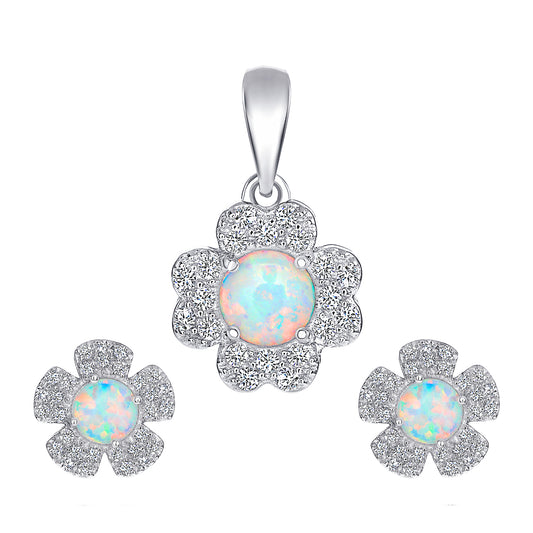 Silver 925 Cubic Zirconia Flower Opal Set. SETBP14969OPL