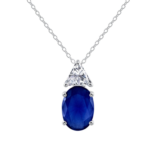 Silver 925 Rhodium Plated Blue Sapphire Oval Necklace. BP14779BLU