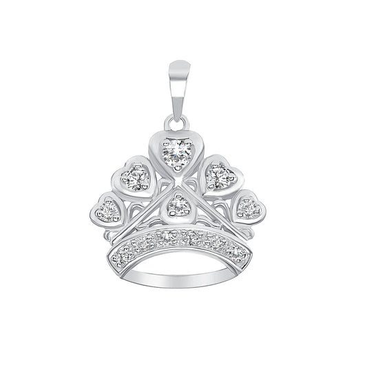 Silver 925 Rhodium Plated Cubic Zirconia Hearts Crown Pendant. BP7134