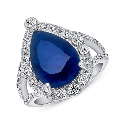Silver 925 Rhodium Plated Pear Shape Blue Sapphire Cubic Zirconia Ring. BR14495BLU