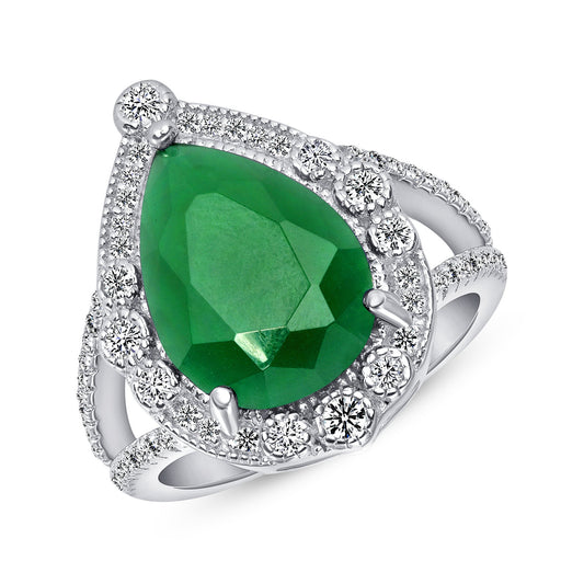 Silver 925 Rhodium Plated Pear Shape Green Emerald Cubic Zirconia Ring. BR14495GRN