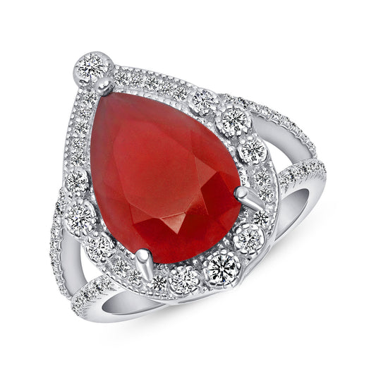 Silver 925 Rhodium Plated Pear Shape Red Ruby Cubic Zirconia Ring. BR14495RED