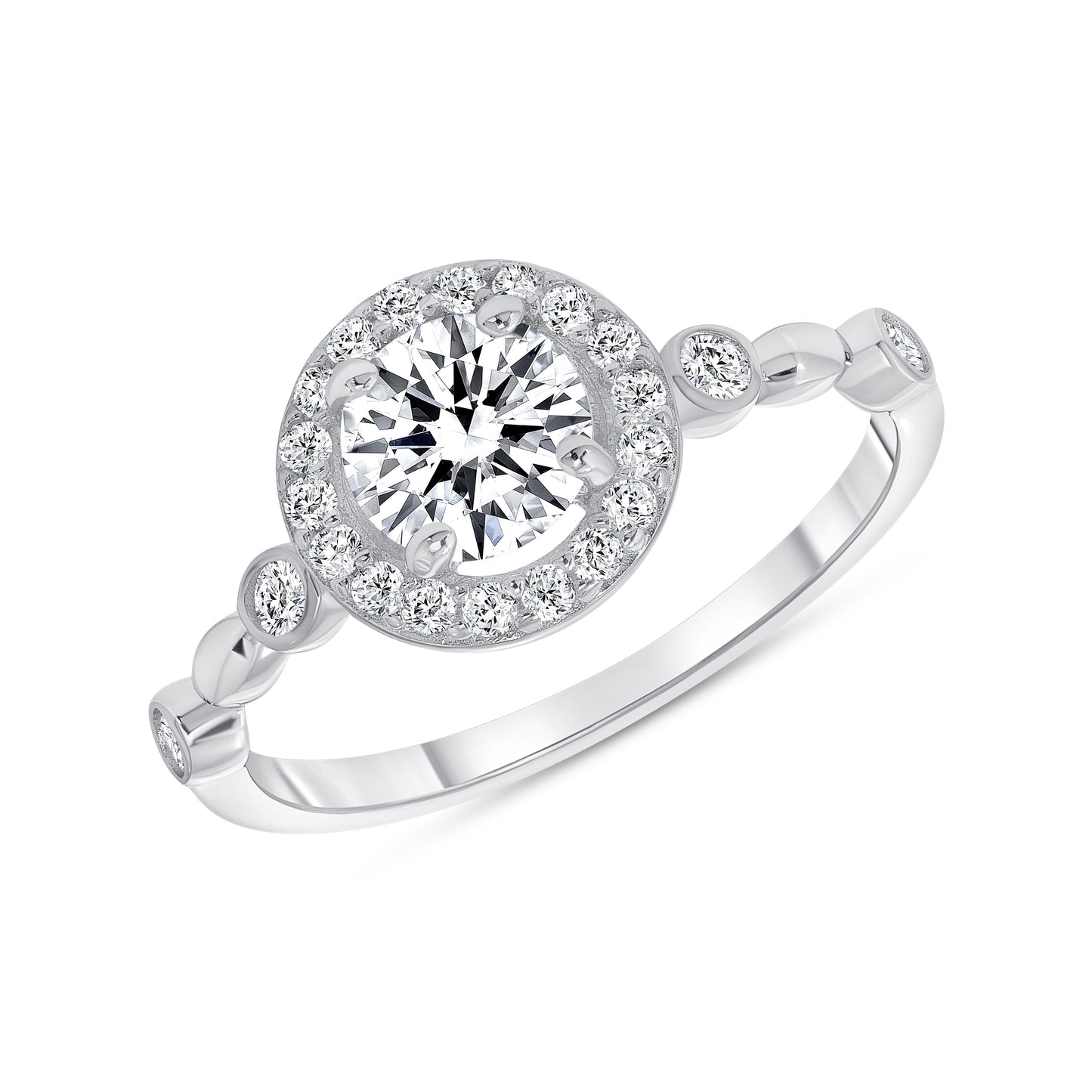 Silver 925 Rhodium Plated Cubic Zirconia Halo Engagement Ring Set. DGR1092