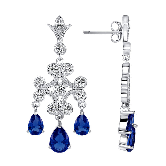 Silver 925 Rhodium Plated Cubic Zirconia Blue Chandelier Earrings. DFE0395BLU