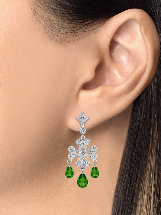Silver 925 Rhodium Plated Cubic Zirconia Green Chandelier Earrings. DFE0395GRN