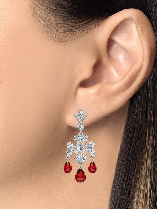 Silver 925 Rhodium Plated Cubic Zirconia Red Chandelier Earrings. DFE0395RED