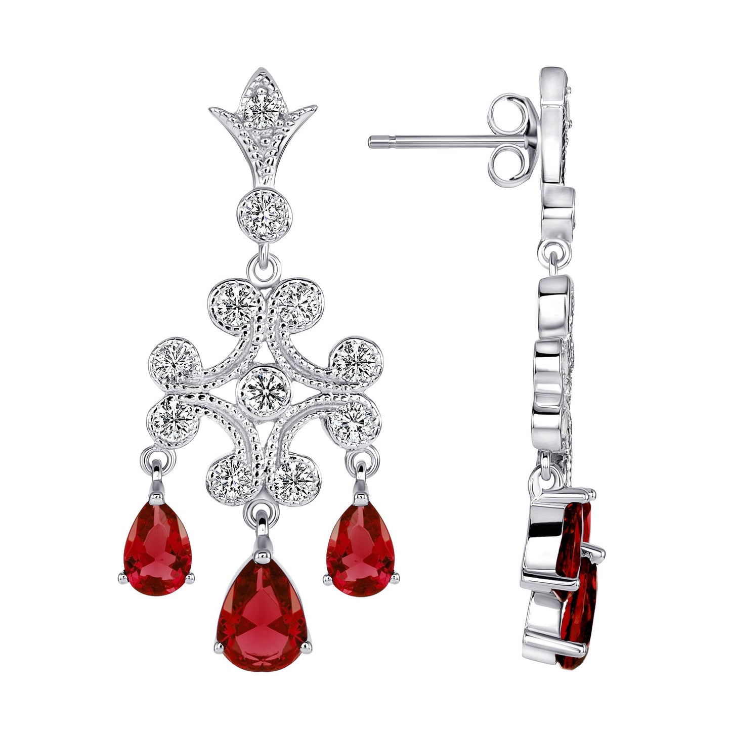 Silver 925 Rhodium Plated Cubic Zirconia Red Chandelier Earrings. DFE0395RED