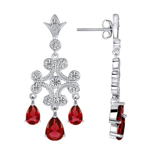 Silver 925 Rhodium Plated Cubic Zirconia Red Chandelier Earrings. DFE0395RED