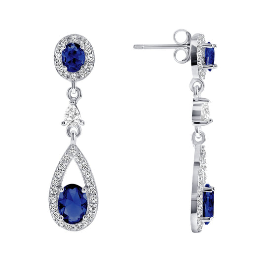 Silver 925 Rhodium Plated Dangling Blue Cubic Zirconia Earrings. DGE1008BLU