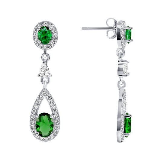 Silver 925 Rhodium Plated Dangling Green Cubic Zirconia Earrings. DGE1008GRN