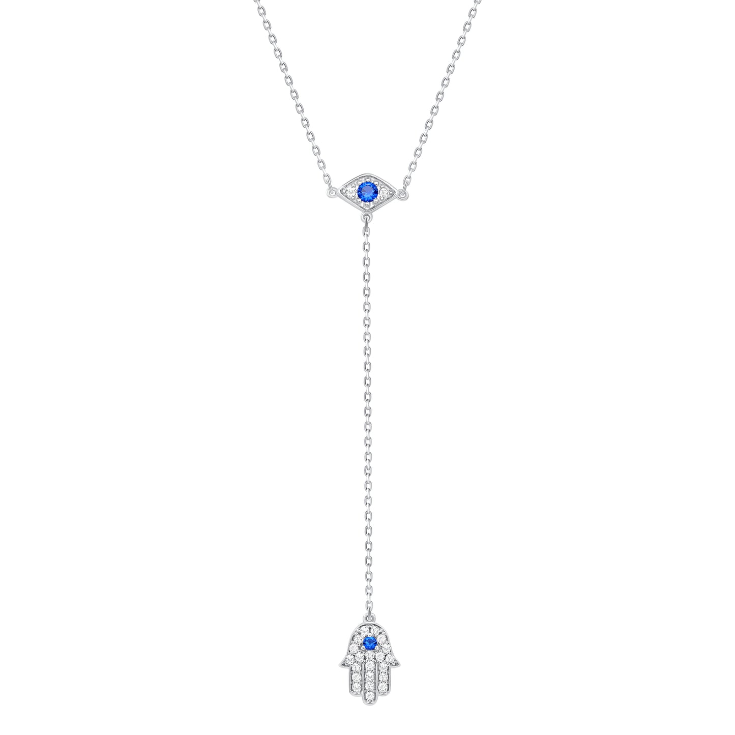 Silver 925 Rhodium Plated Cubic Zirconia Bar Double Strand Hamsa Eye Necklace. DGN0961RHD
