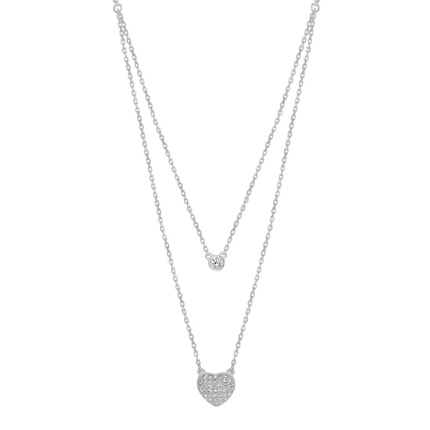 Silver 925 Rhodium Plated One Row Bezel & 1 Row Micro Pave Heart Necklace. DGN0989RHD
