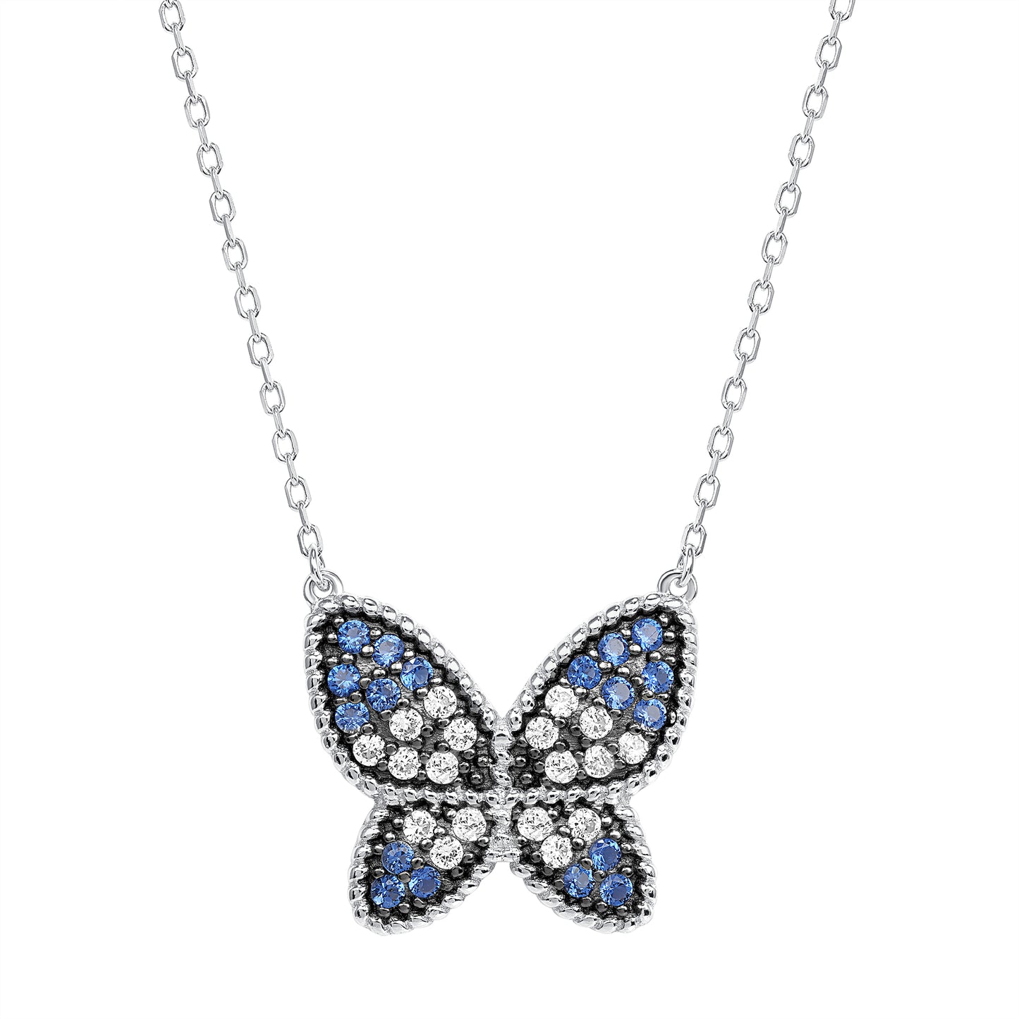 Silver 925 Rhodium Plated Blue Cubic Zirconia Butterfly Necklace. DGN1201