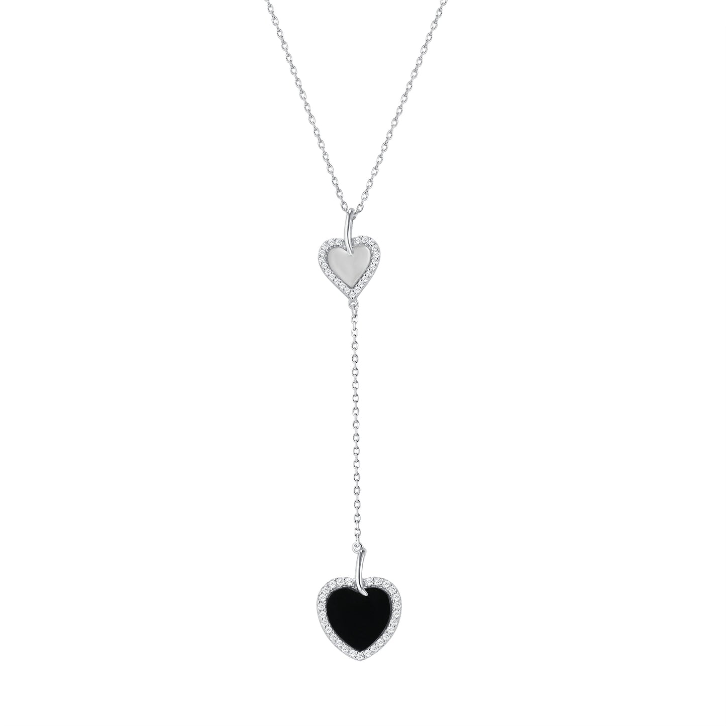 Silver 925 Cubic Zirconia Dangle Onyx Heart Necklace. DGN1262ONYX