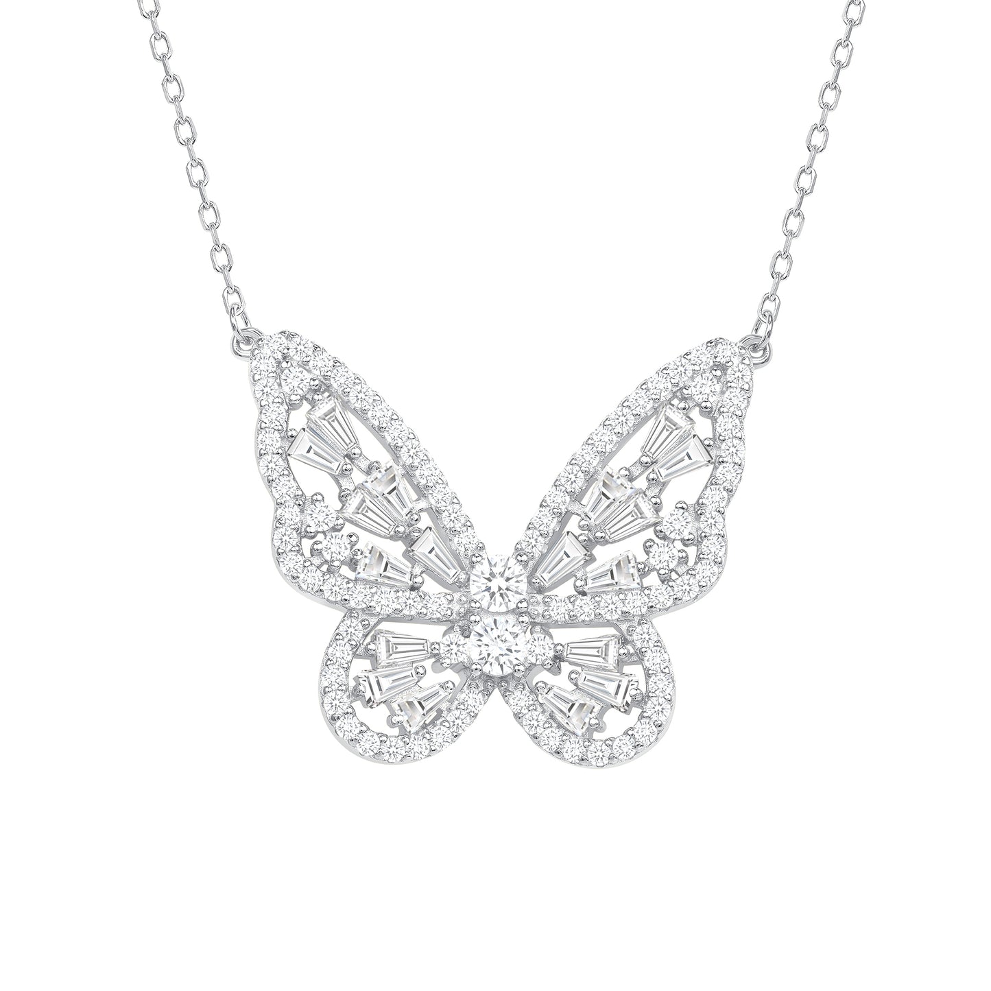 Silver 925 Rhodium Plated Baguette Cubic Zirconia Butterfly Necklace. DGN1308RHD