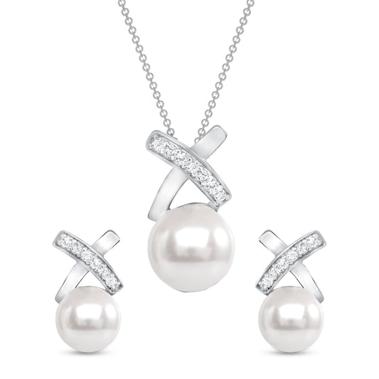 Silver 925 Rhodium Plated White Pearl Cubic Zirconia Set. SETDGP1424WHT