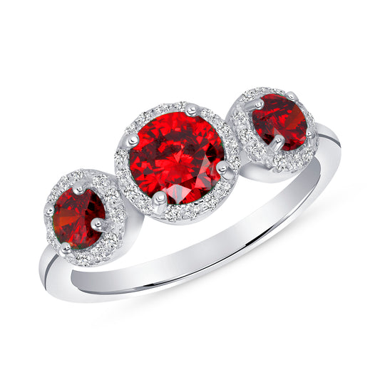 Silver 925 Rhodium Plated 3 Red Cubic Zirconia Ring. DGR1739RED
