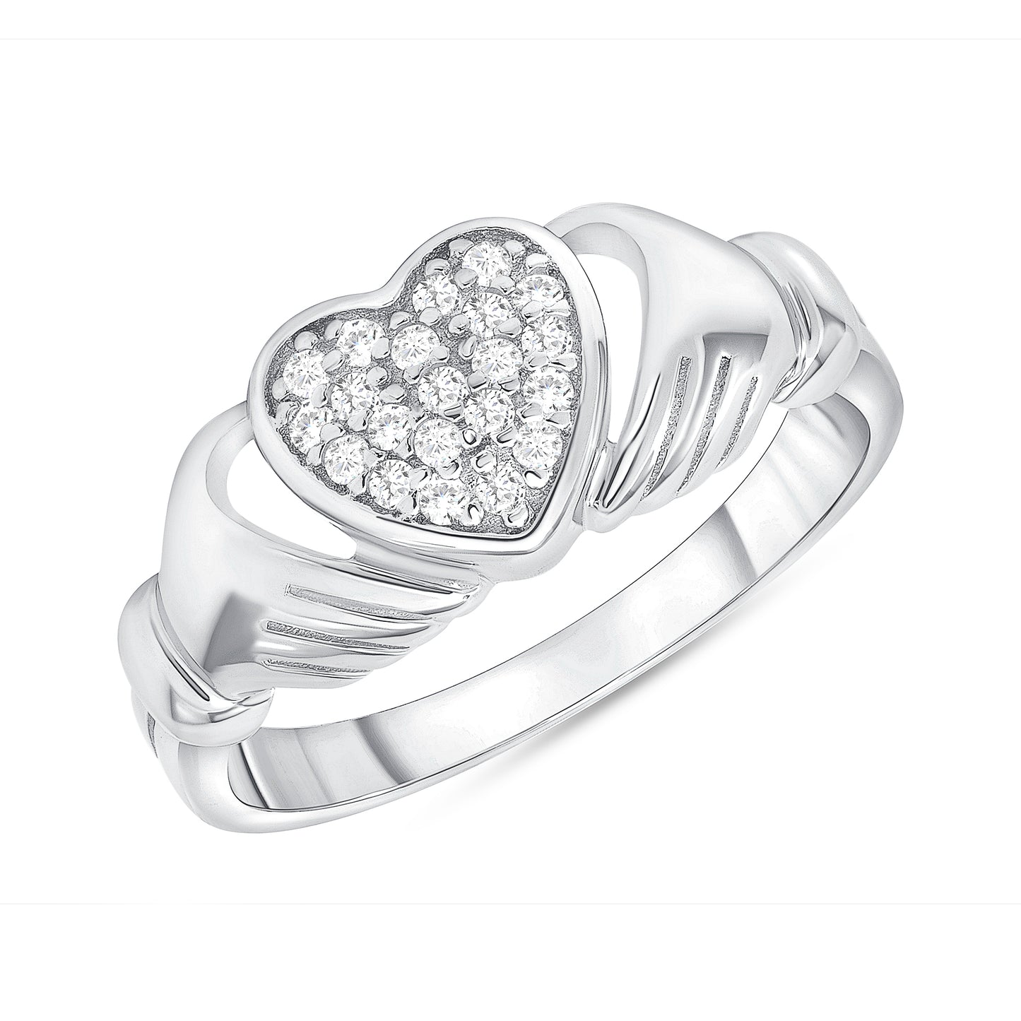 Silver 925 Rhodium Plated Cubic Zirconia Fenian Claddagh Ring. DGR2080