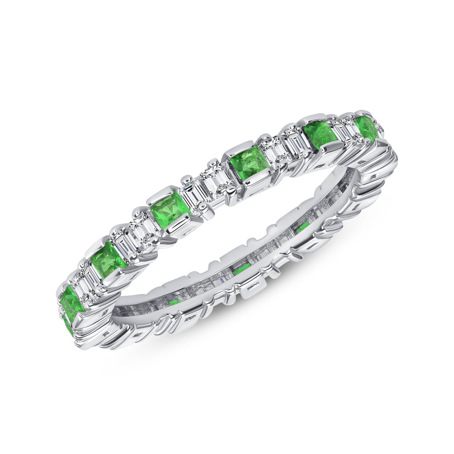 Silver 925 Rhodium Plated Green Cubic Zirconia Baguette Band Ring. DKR0415GRN