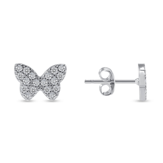 Silver 925 Rhodium Plated Butterfly Pave Stud Earring. DLUE0045