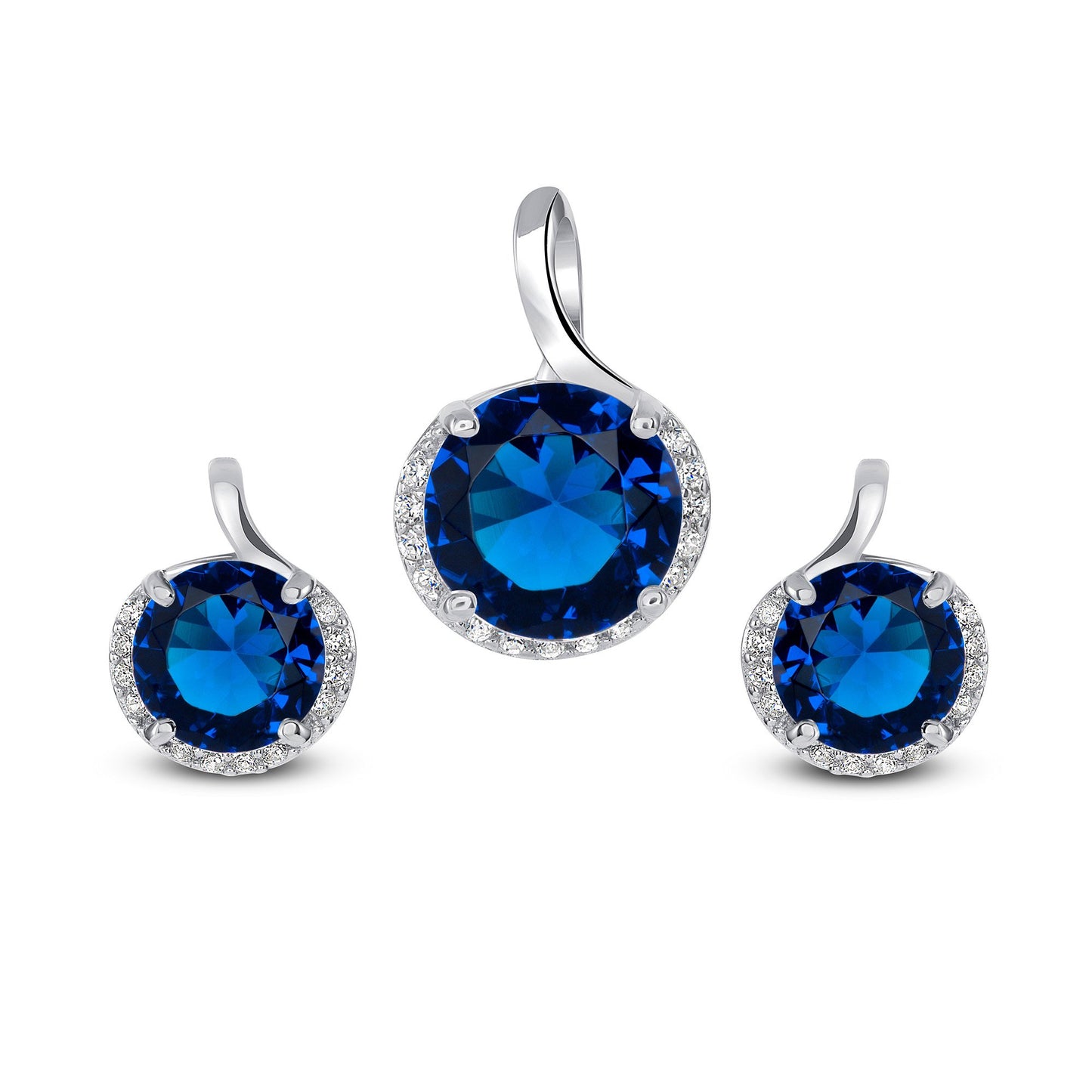 Silver 925 Rhodium Plated Round Sapphire Cubic Zirconia Stone Set. DS00001BLU