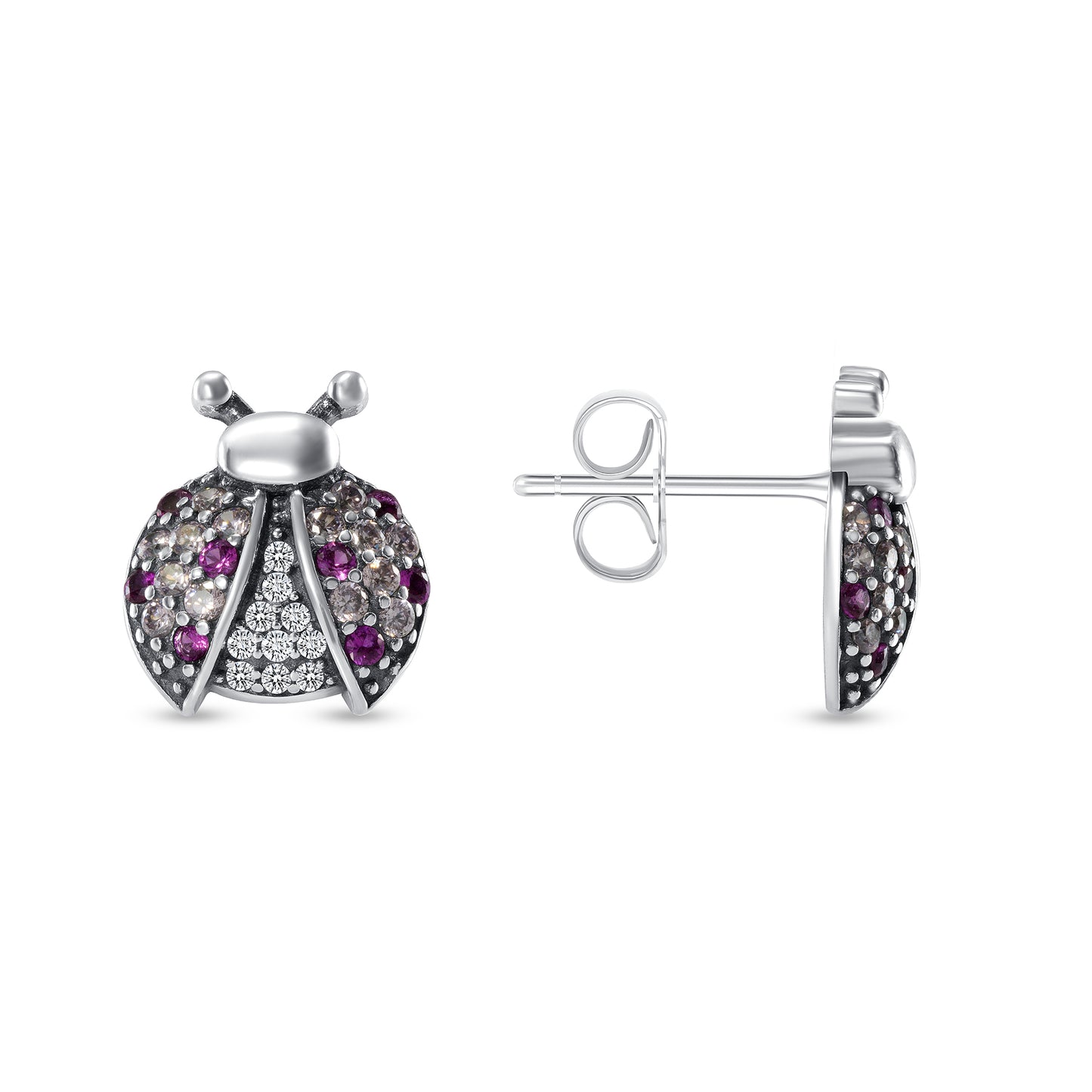 Silver 925 Rhodium Plated Ladybug Red Stone Cubic Zirconia Earring Stud. E10070
