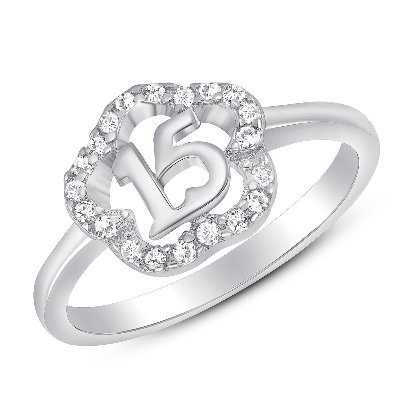 Silver 925 Rhodium Plated Cubic Zirconia Flower Outline 15 Years Ring. GR1153