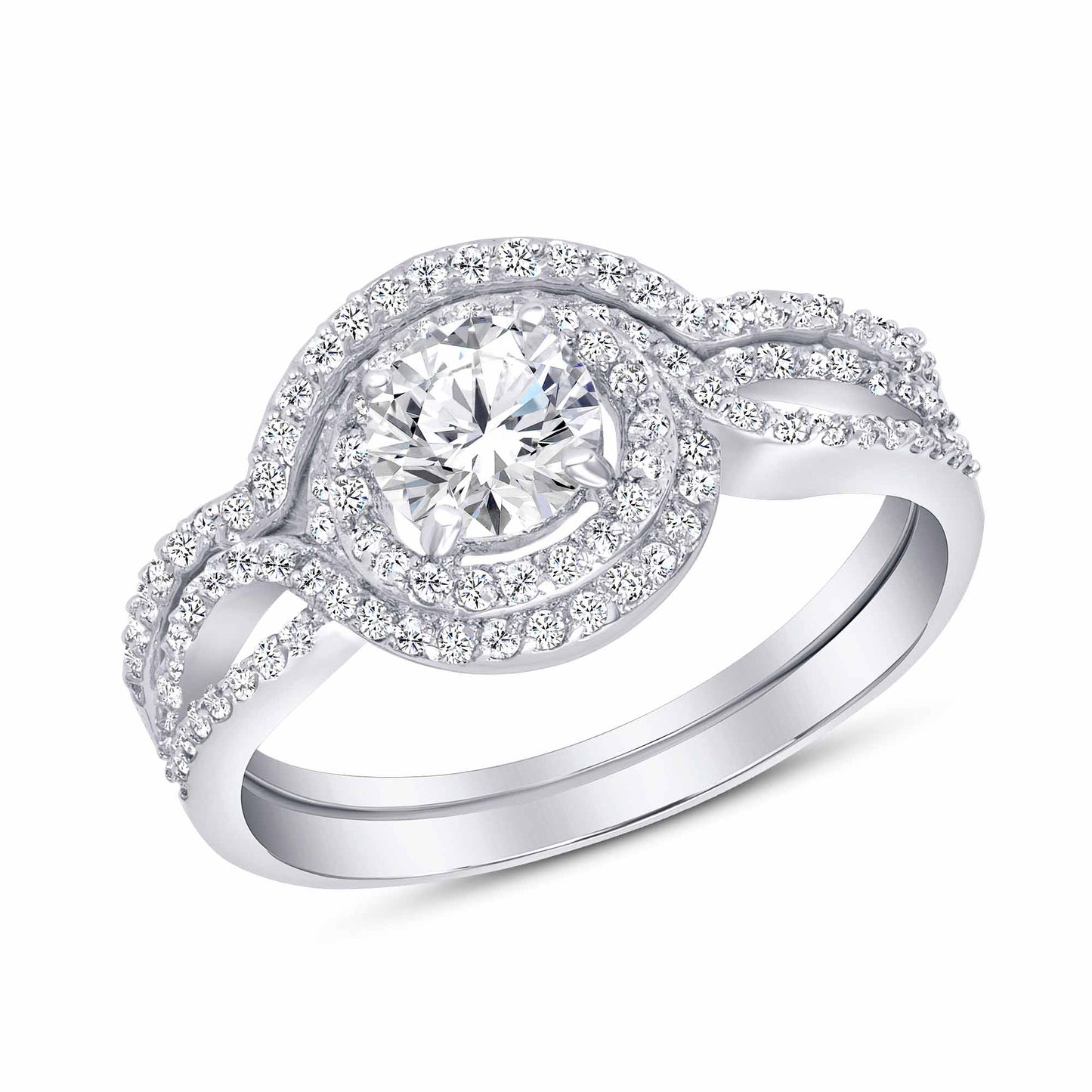 Sterling Silver 2 Piece Halo Style Ring And Cz Ban
