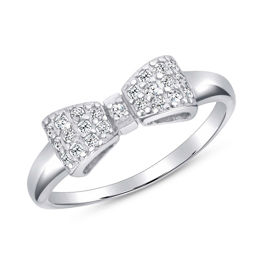 Sterling Silver Rhodium Plated Cz Bow Ring