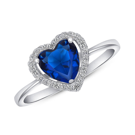 Silver 925 Rhodium Plated Heart Sapphire Cubic Zirconia Ring. GR8695BLU