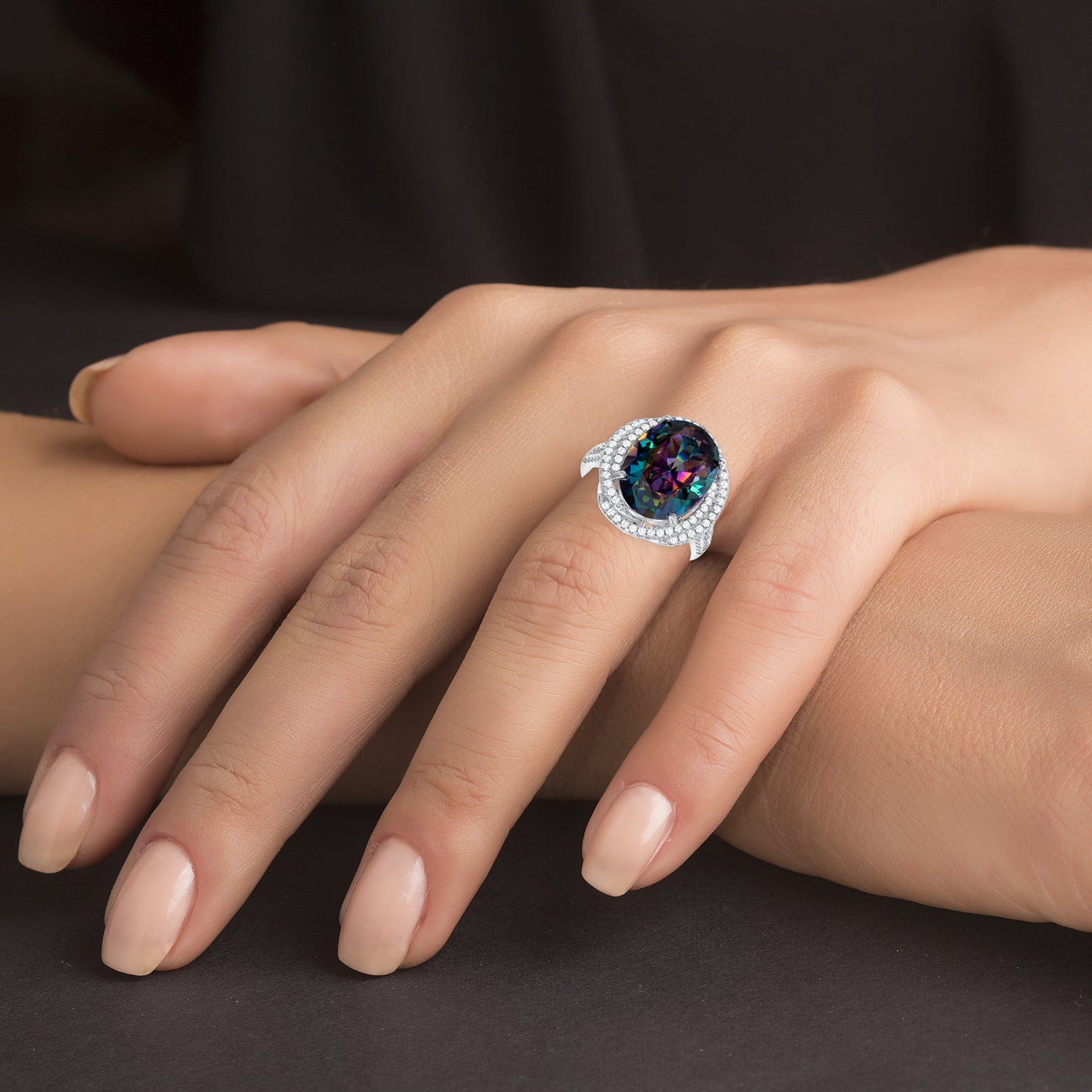 Silver 925 Rhodium Plated Mystic Topaz Cubic Zirconia Halo Style Ring. GR9433MYS