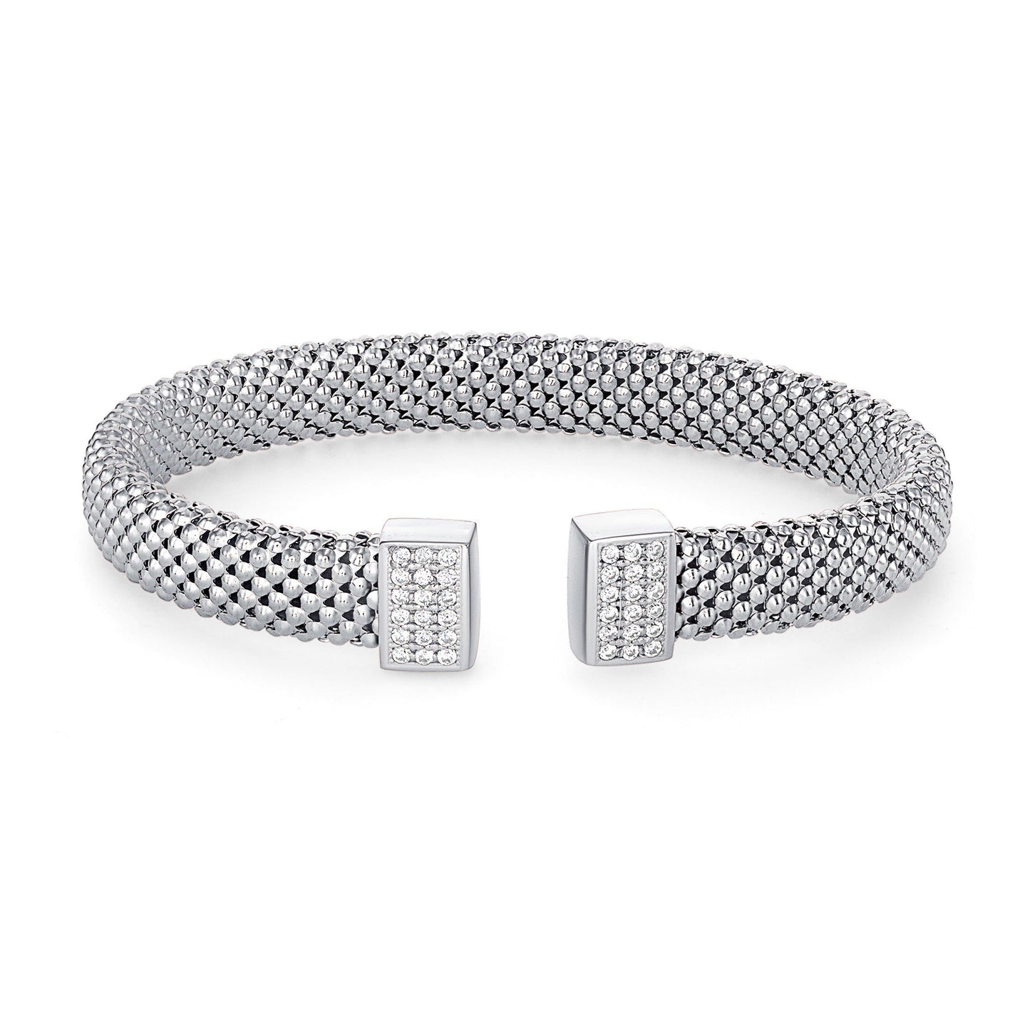 Silver 925 Rhodium Plated Cubic Zirconia Popcorn Cuff Bangle. ITBR548-R