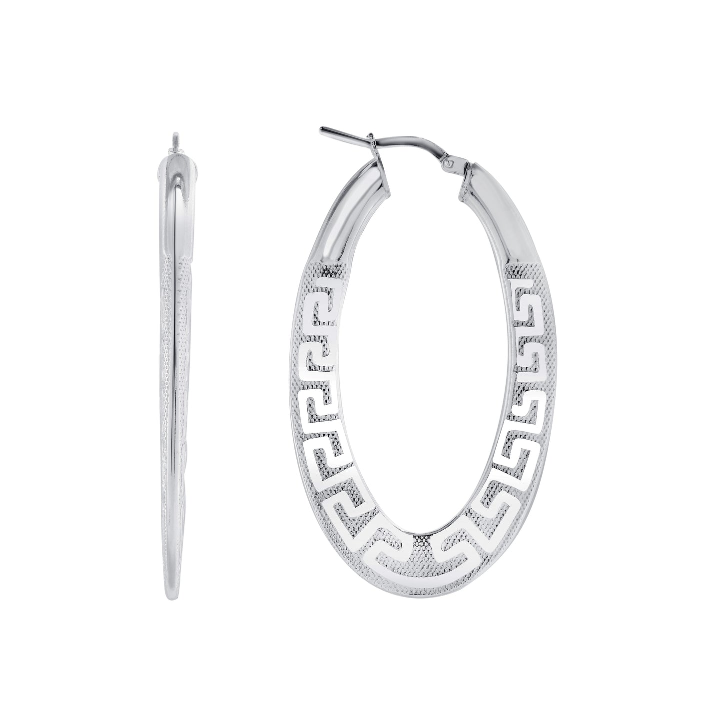 Silver 925 Rhodium Plated Italian Silver Oval Plain Hoop Greek Earring. ITHP142-20MM
