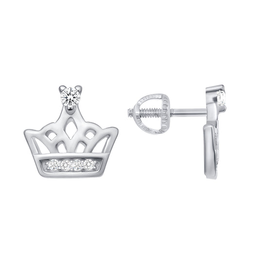 Silver 925 Rhodium Plated Cubic Zirconia Crown Kids Stud Earring. KIDE14