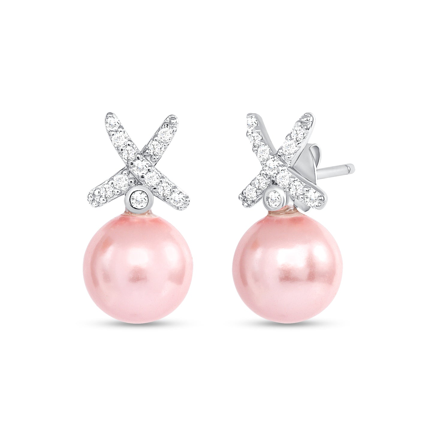 Silver 925 Rhodium Plated Pink Pearl with X Shape Cubic Zirconia Set. DS00002PNK