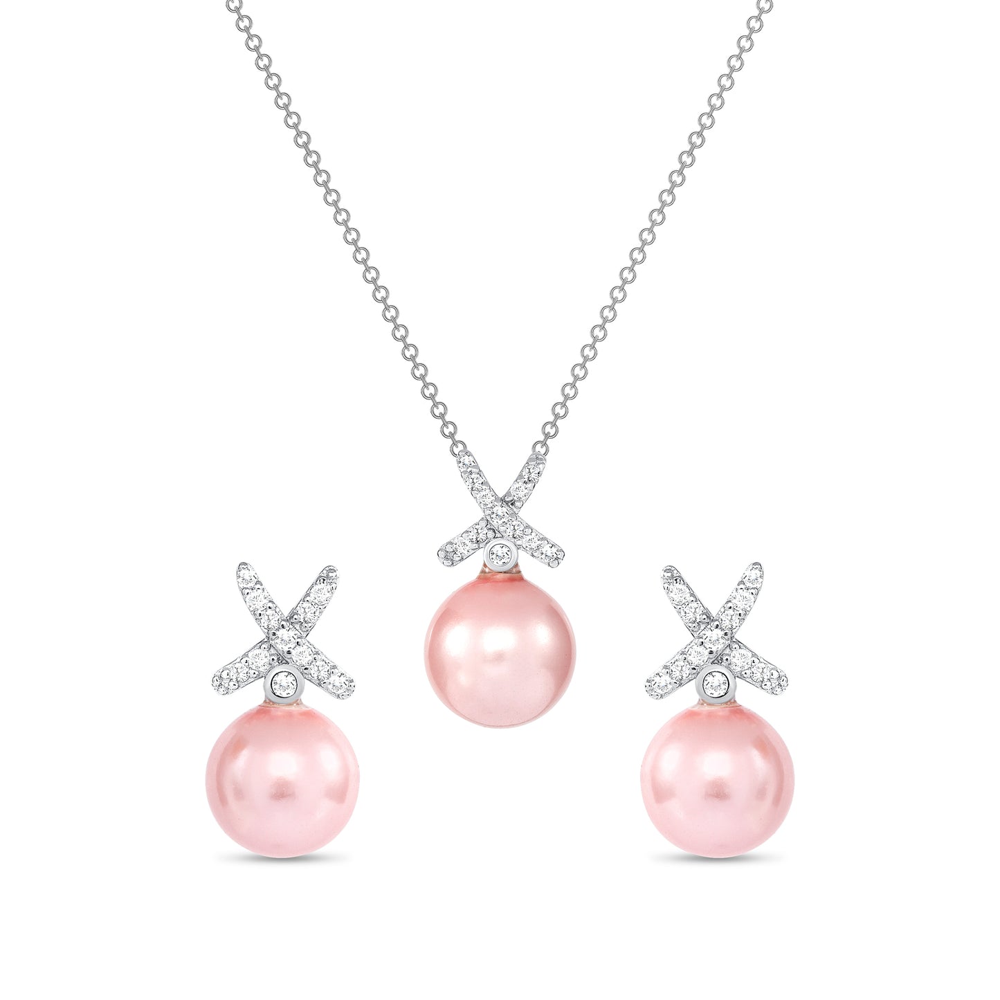 Silver 925 Rhodium Plated Pink Pearl with X Shape Cubic Zirconia Set. DS00002PNK